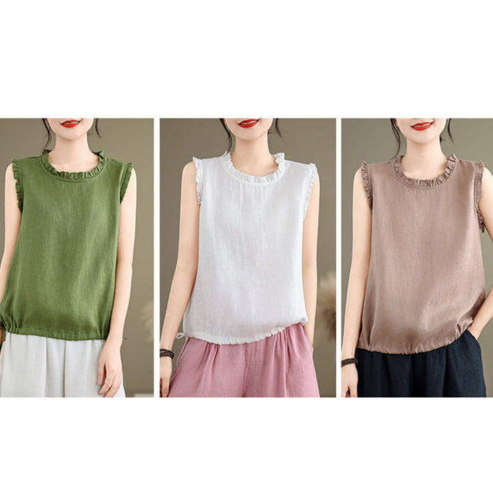 Buddha Stones Summer Ruffled Design Drawstring Crew Neck Cotton Linen Women's Sleeveless Vest - image 28