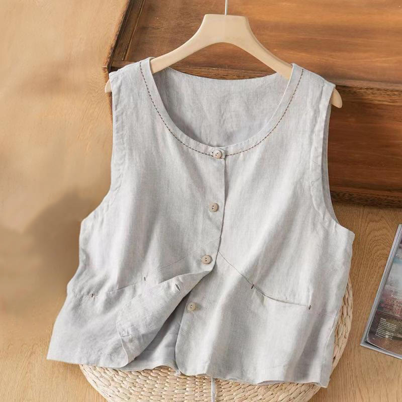 Buddha Stones Single Breasted Sleeveless Design Cotton Linen Women's Vest WIth Pockets - LightGrey - US8-10，UK/AU12-14，EU40-42 (2XL) - image 1