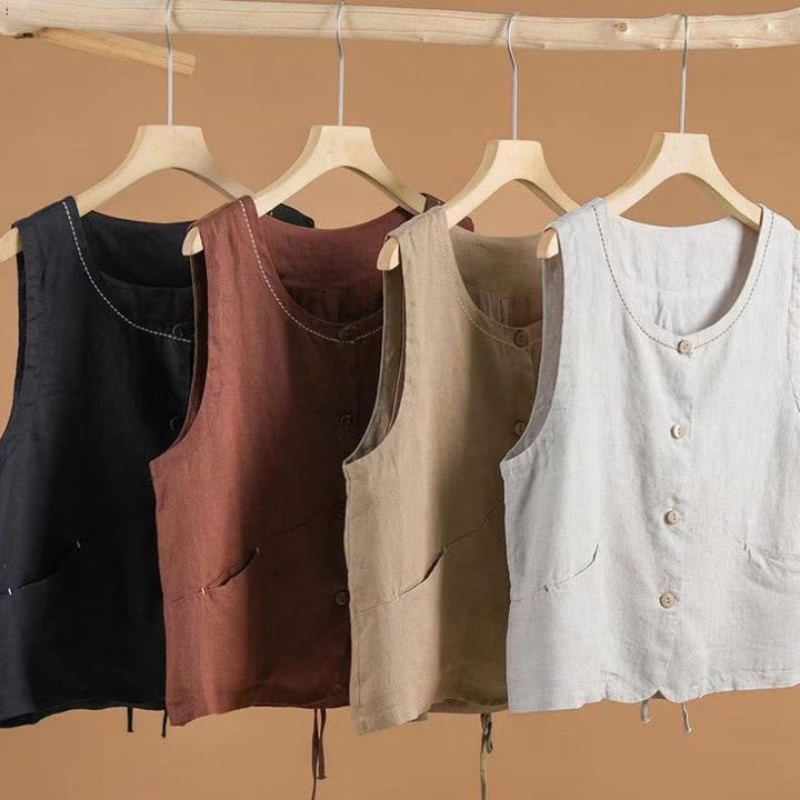 Buddha Stones Single Breasted Sleeveless Design Cotton Linen Women's Vest WIth Pockets - image 4