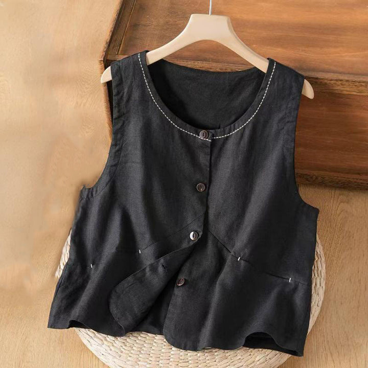 Buddha Stones Single Breasted Sleeveless Design Cotton Linen Women's Vest WIth Pockets - Black - US8-10，UK/AU12-14，EU40-42 (2XL) - image 2