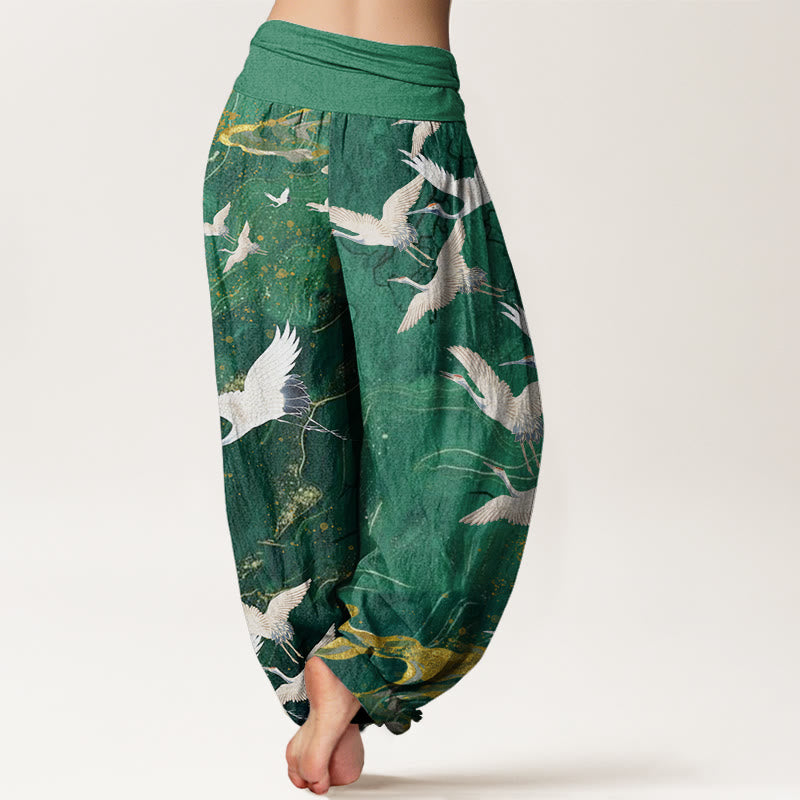 Buddha Stones Flying White Cranes Auspicious Clouds Design Women's Elastic Waist Harem Pants - image 1