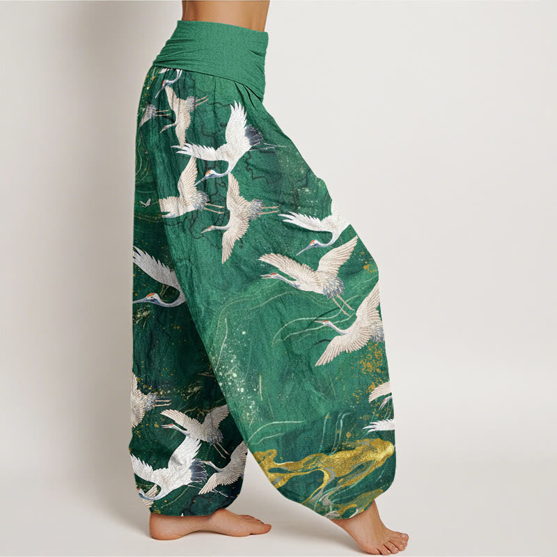 Buddha Stones Flying White Cranes Auspicious Clouds Design Women's Elastic Waist Harem Pants - image 2