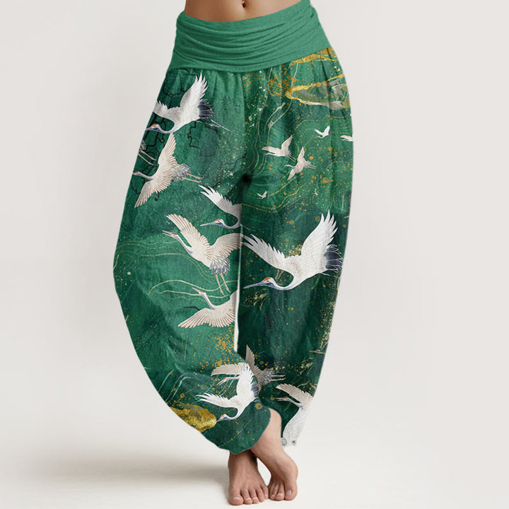 Buddha Stones Cotton Flying White Cranes Auspicious Clouds Design Women's Elastic Waist Harem Pants - MediumSpringGreen - US22，UK/AU26，EU54 (6XL) - image 0