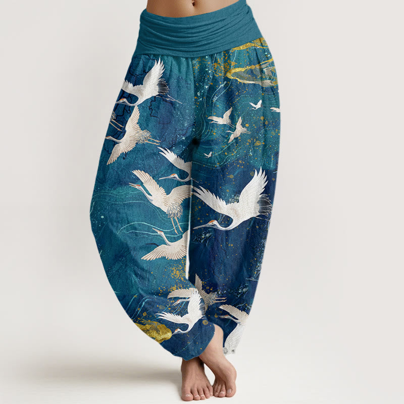 Buddha Stones Flying White Cranes Auspicious Clouds Design Women's Elastic Waist Harem Pants - DarkCyan - US22，UK/AU26，EU54 (6XL) - image 4