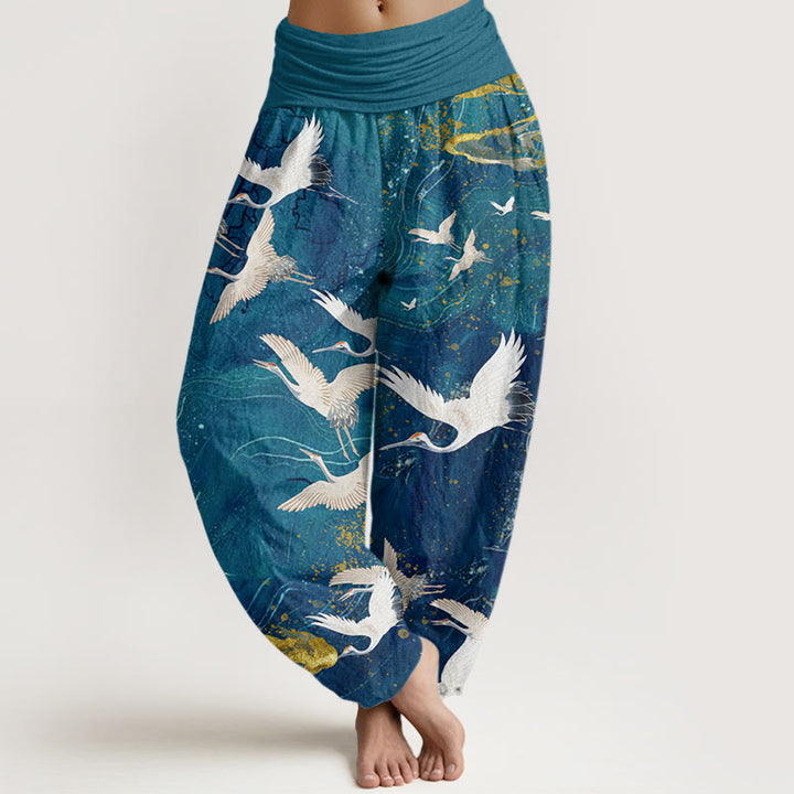 Buddha Stones Flying White Cranes Auspicious Clouds Design Women's Elastic Waist Harem Pants - DarkCyan - US22，UK/AU26，EU54 (6XL) - image 4