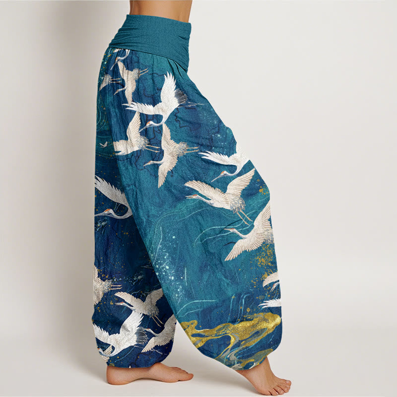 Buddha Stones Flying White Cranes Auspicious Clouds Design Women's Elastic Waist Harem Pants - image 6