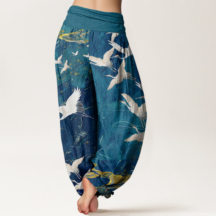 Buddha Stones Flying White Cranes Auspicious Clouds Design Women's Elastic Waist Harem Pants - image 5
