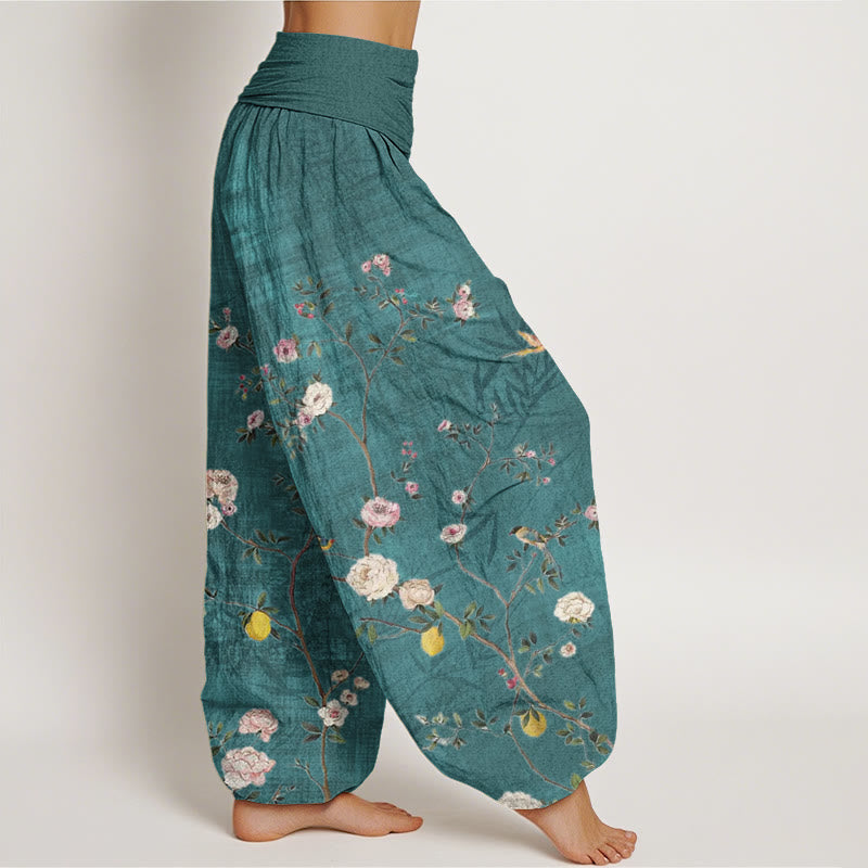 Buddha Stones Cotton Pink White Flowers Bamboo Leaves Fruits Design Women's Elastic Waist Harem Pants - image 2