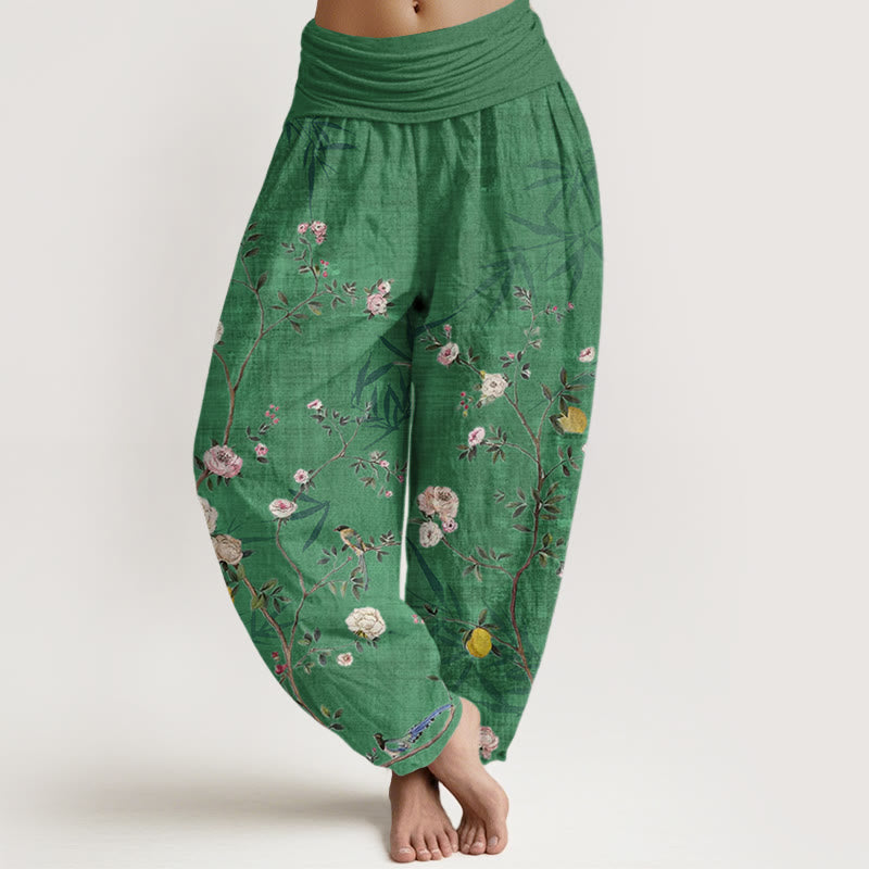 Buddha Stones Cotton Pink White Flowers Bamboo Leaves Fruits Design Women's Elastic Waist Harem Pants - SpringGreen - US22，UK/AU26，EU54 (6XL) - image 4