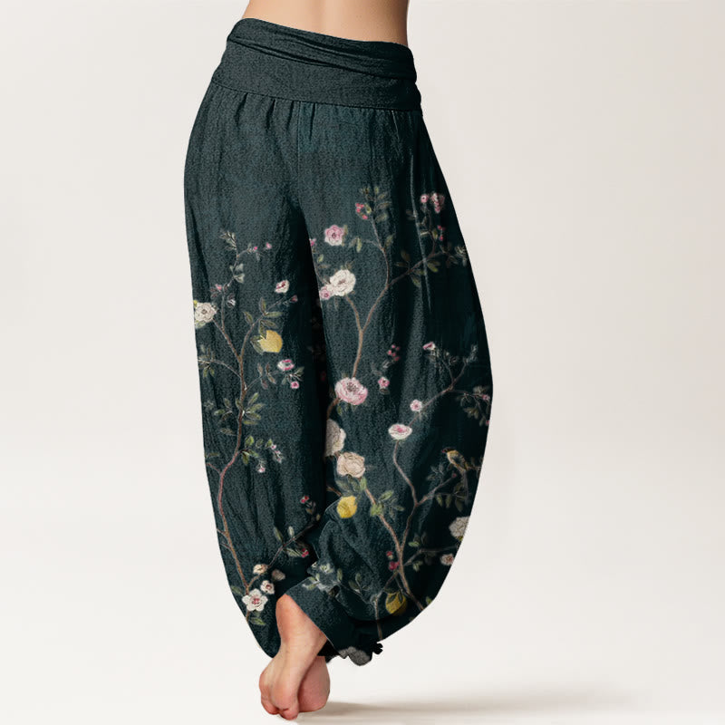 Buddha Stones Cotton Pink White Flowers Bamboo Leaves Fruits Design Women's Elastic Waist Harem Pants - image 8