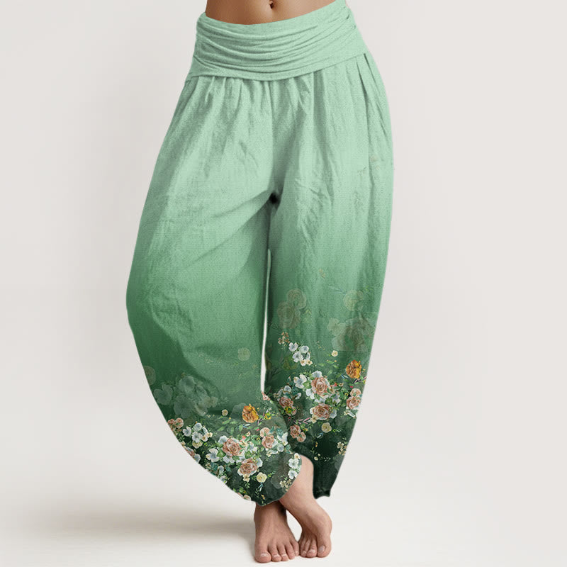 Buddha Stones Cotton Colorful Rose Flowers Design Women's Elastic Waist Harem Pants - Aquamarine - US22，UK/AU26，EU54 (6XL) - image 0