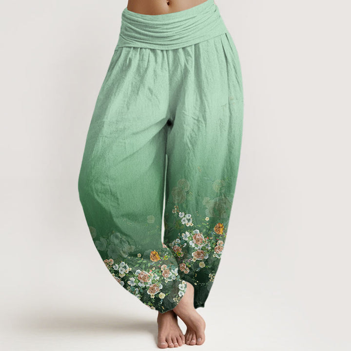Buddha Stones Cotton Colorful Rose Flowers Design Women's Elastic Waist Harem Pants - Aquamarine - US22，UK/AU26，EU54 (6XL) - image 0