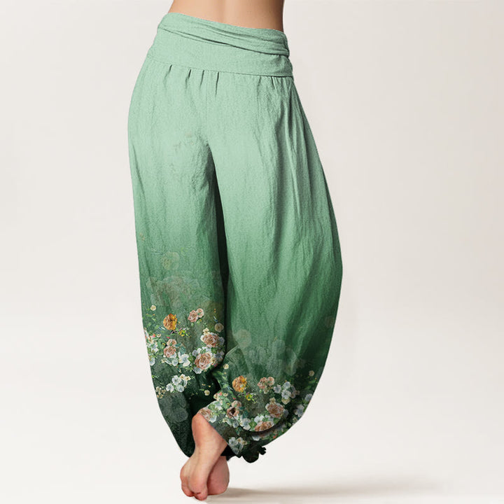 Buddha Stones Cotton Colorful Rose Flowers Design Women's Elastic Waist Harem Pants - image 1