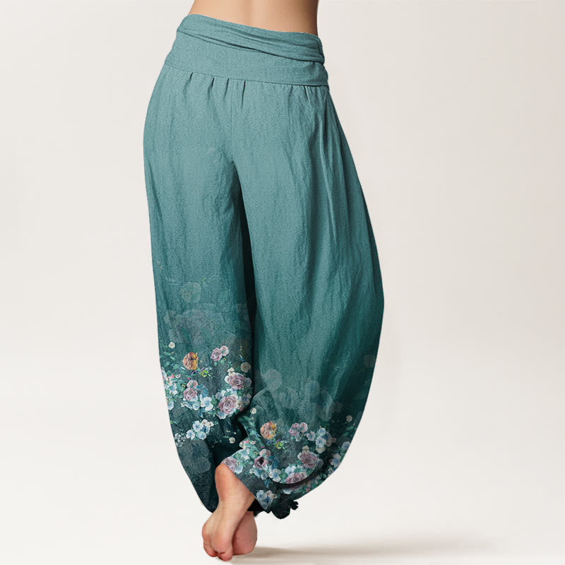 Buddha Stones Cotton Colorful Rose Flowers Design Women's Elastic Waist Harem Pants - image 9