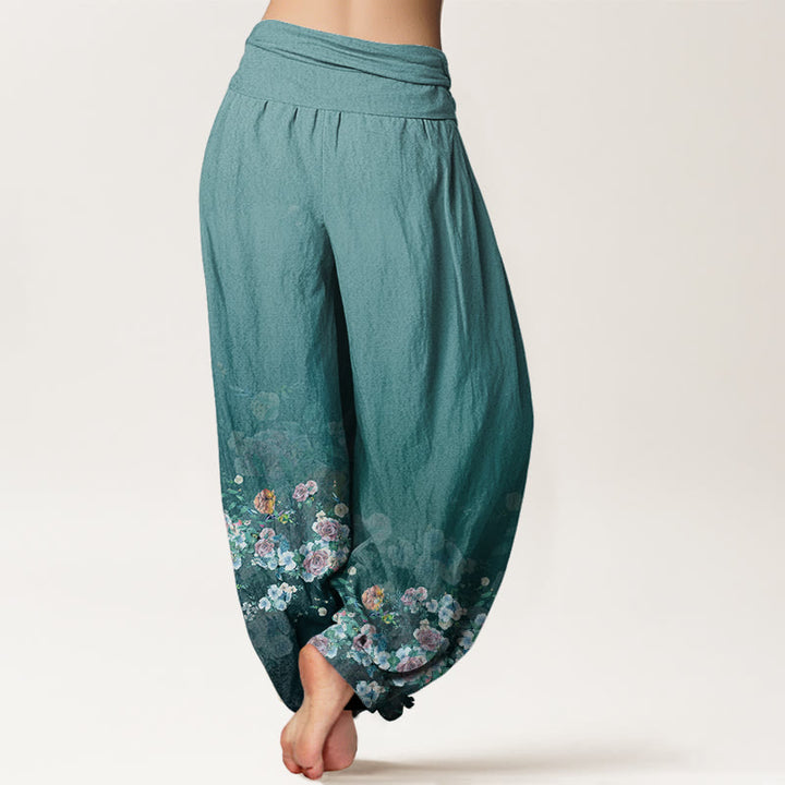 Buddha Stones Cotton Colorful Rose Flowers Design Women's Elastic Waist Harem Pants - image 9