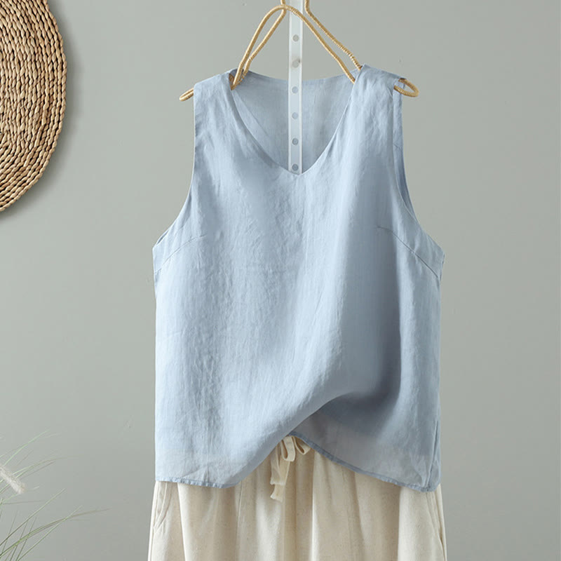 Buddha Stones Vintage Pure Color V-Neck Sleeveless Women's Vest Waistcoat - LightBlue - US8-10，UK/AU12-14，EU40-42 (2XL) - image 0