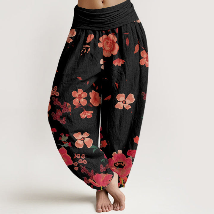 Buddha Stones Red Flowers Common Poppy Design Women's Elastic Waist Harem Pants - Black - US22，UK/AU26，EU54 (6XL) - image 0