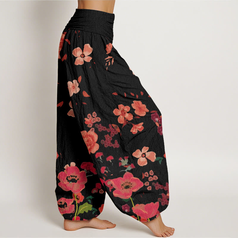 Buddha Stones Red Flowers Common Poppy Design Women's Elastic Waist Harem Pants - image 2
