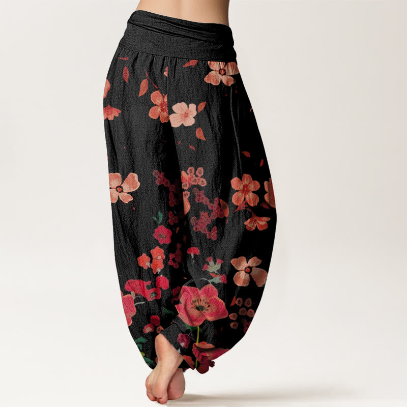 Buddha Stones Red Flowers Common Poppy Design Women's Elastic Waist Harem Pants - image 1