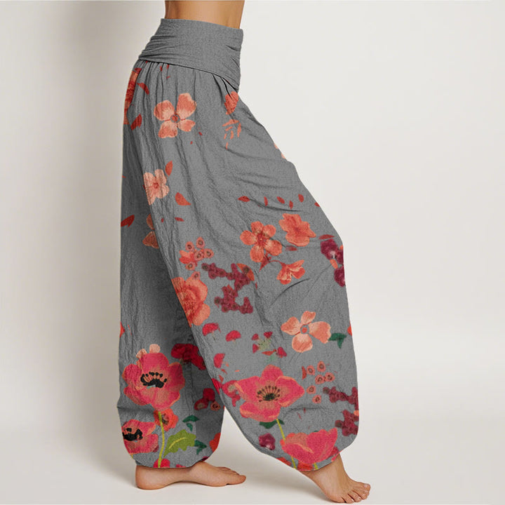 Buddha Stones Red Flowers Common Poppy Design Women's Elastic Waist Harem Pants - image 6