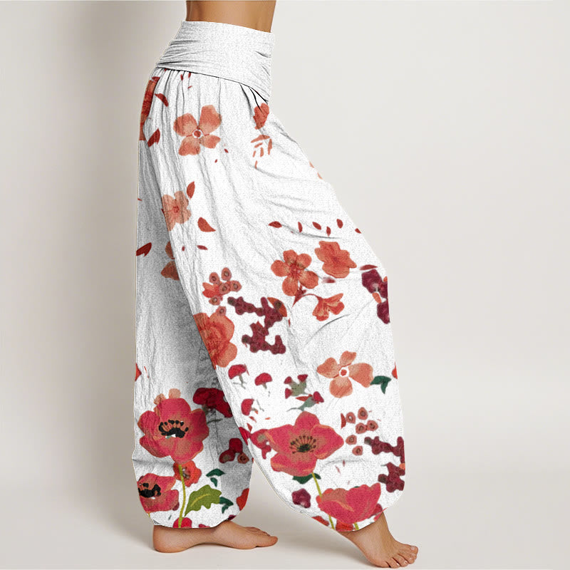 Buddha Stones Red Flowers Common Poppy Design Women's Elastic Waist Harem Pants - image 9