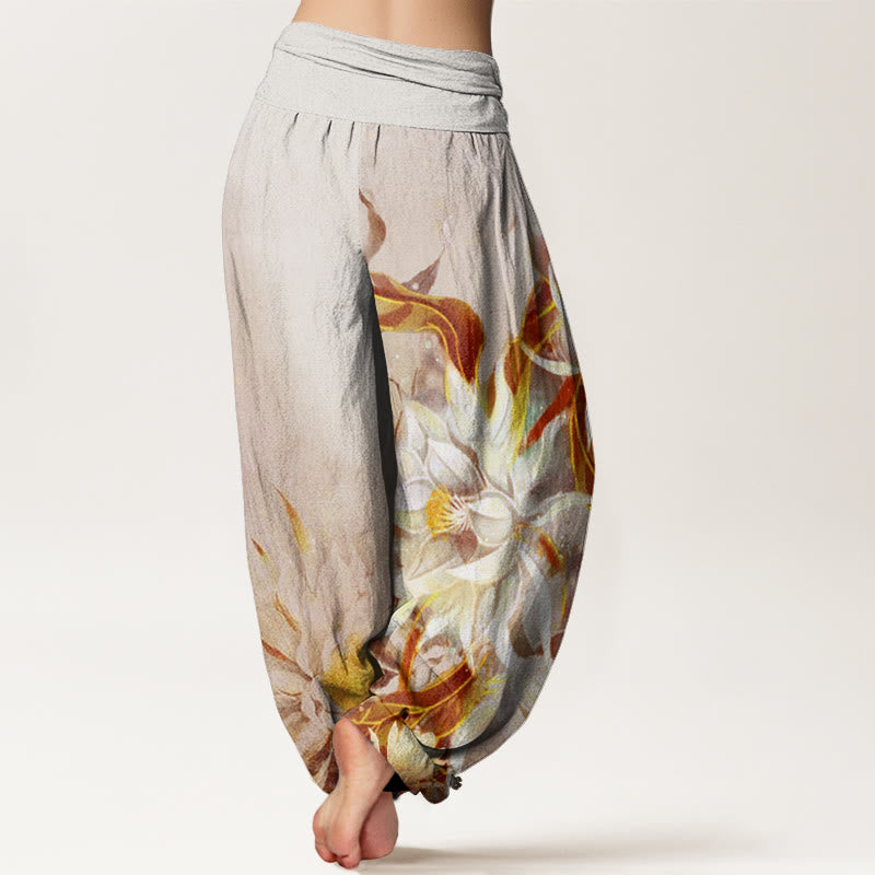 Buddha Stones Cotton Epiphyllum Flowers Design Women's Elastic Waist Harem Pants - image 5