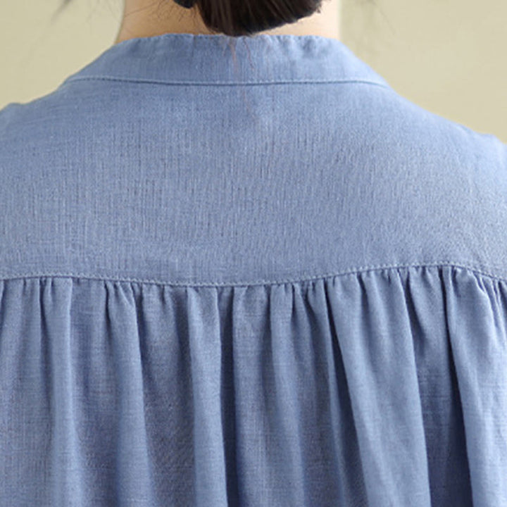 Buddha Stones Plain Single Breasted Pleated Design Sleeveless Cotton Linen Midi Dress - image 26