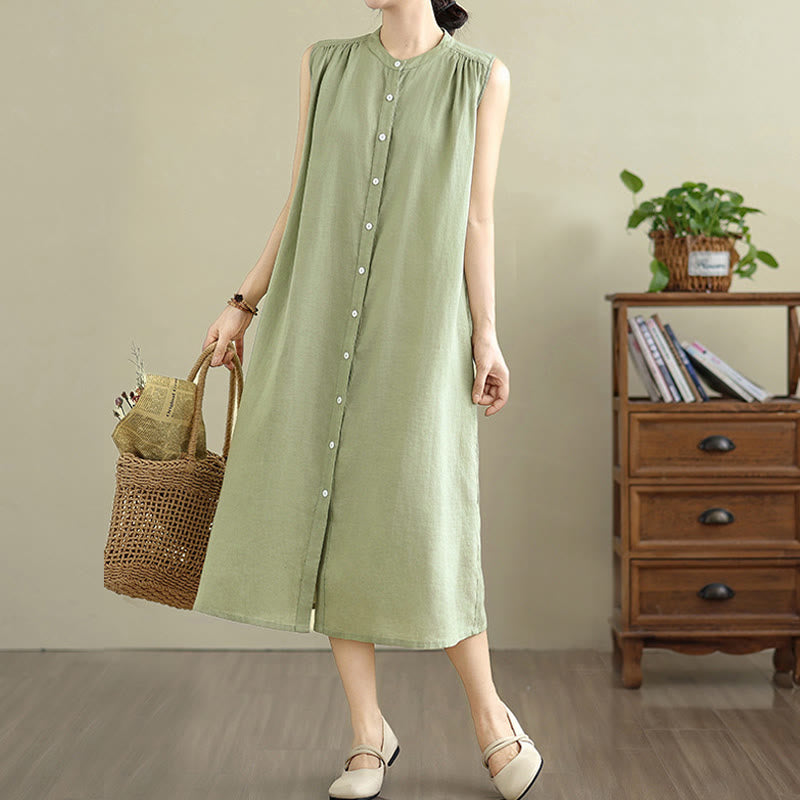 Buddha Stones Plain Single Breasted Pleated Design Sleeveless Cotton Linen Midi Dress - image 5