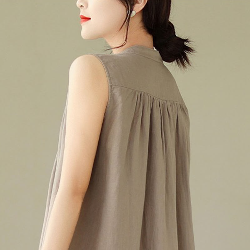 Buddha Stones Plain Single Breasted Pleated Design Sleeveless Cotton Linen Midi Dress - image 10