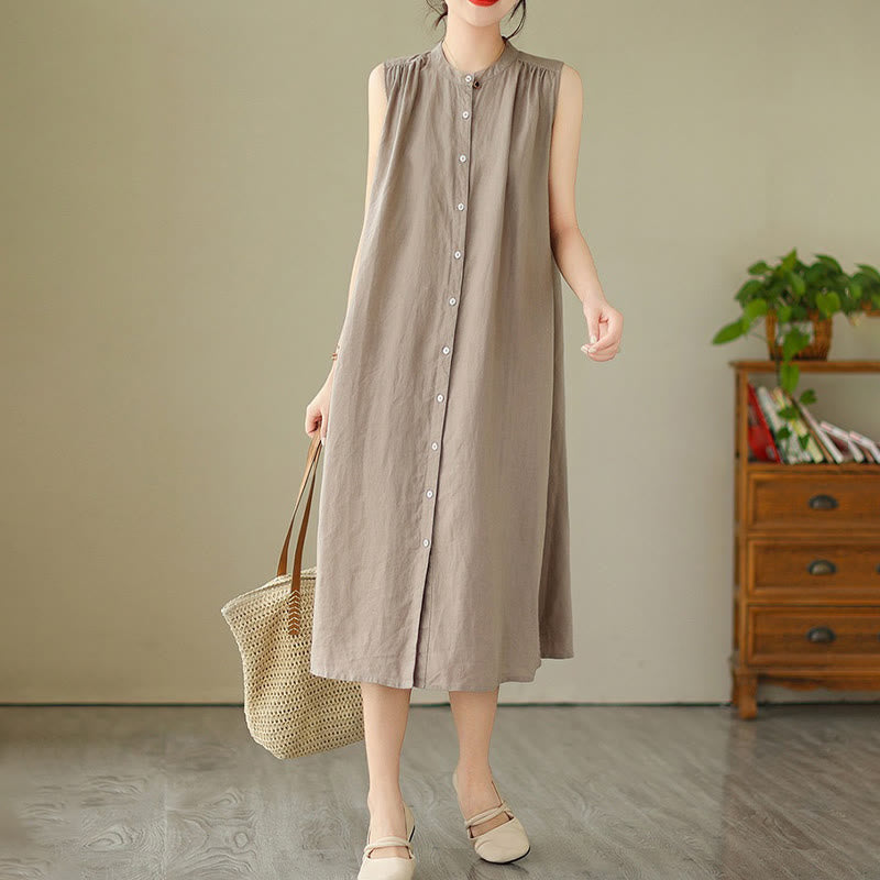 Buddha Stones Plain Single Breasted Pleated Design Sleeveless Cotton Linen Midi Dress - image 9