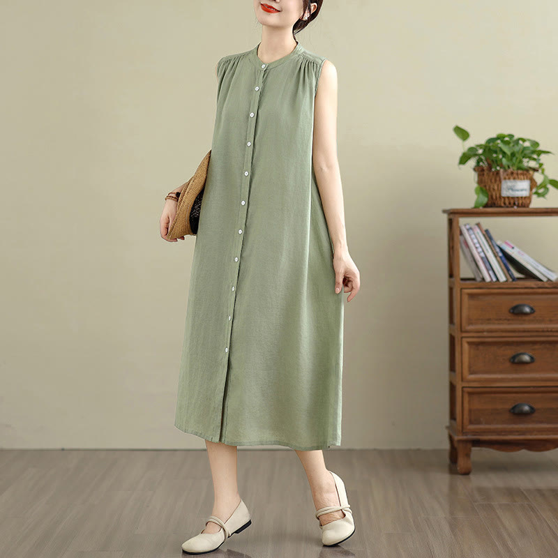 Buddha Stones Plain Single Breasted Pleated Design Sleeveless Cotton Linen Midi Dress - LightGreen - US8-10，UK/AU12-14，EU40-42 (2XL) - image 0
