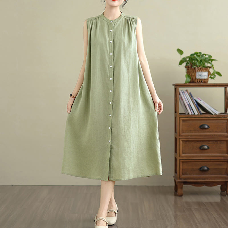 Buddha Stones Plain Single Breasted Pleated Design Sleeveless Cotton Linen Midi Dress - image 1