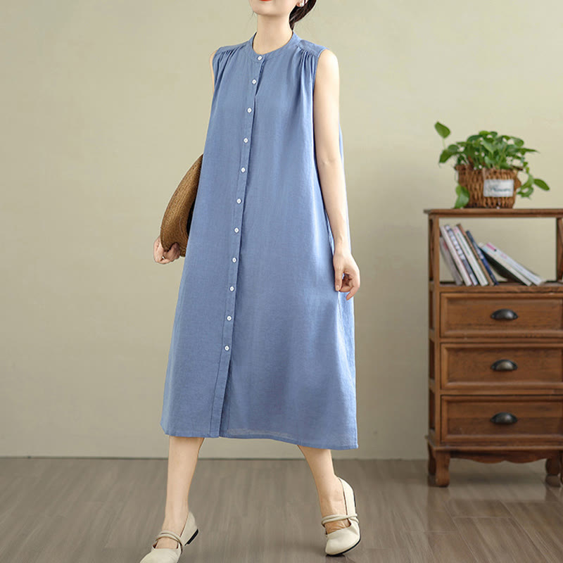 Buddha Stones Plain Single Breasted Pleated Design Sleeveless Cotton Linen Midi Dress - image 20