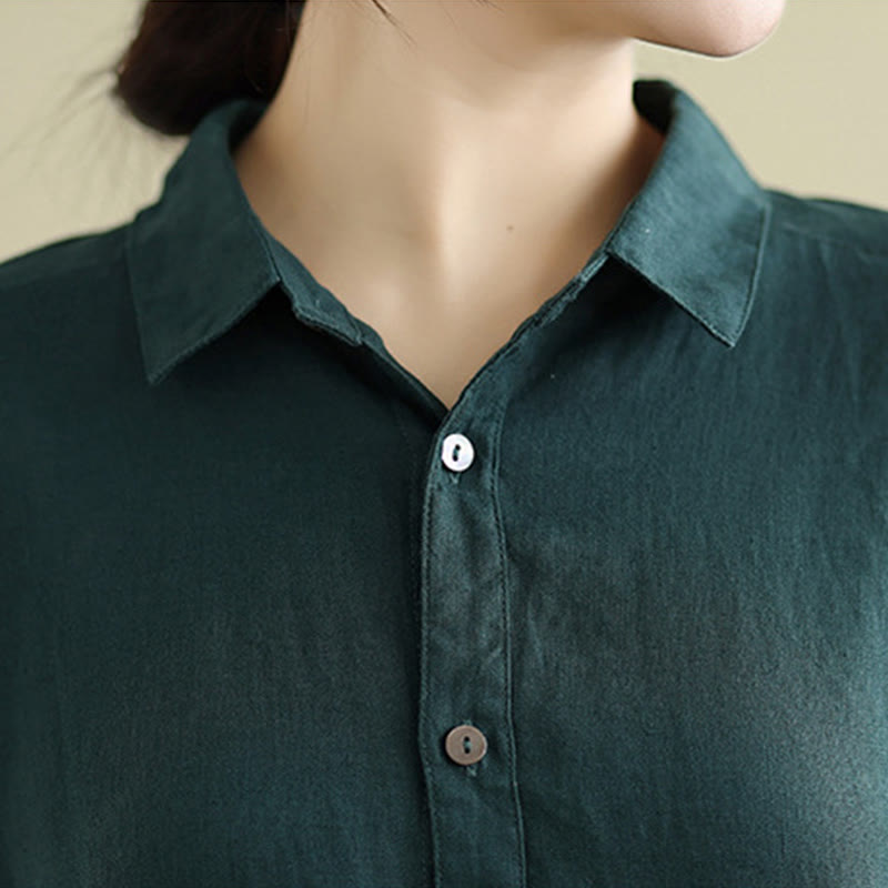 Buddha Stones Summer Plain Short Sleeve Drawstring Cotton Linen Midi Dress With Pockets - image 12