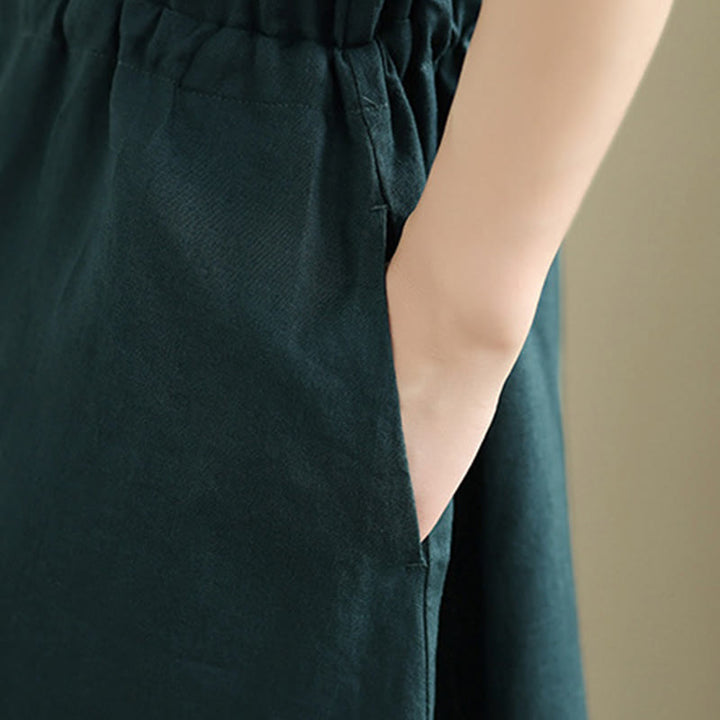 Buddha Stones Summer Plain Short Sleeve Drawstring Cotton Linen Midi Dress With Pockets - image 14