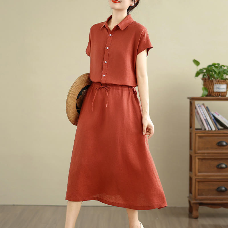 Buddha Stones Summer Plain Short Sleeve Drawstring Cotton Linen Midi Dress With Pockets - image 20