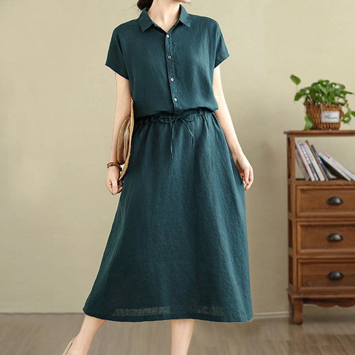 Buddha Stones Summer Plain Short Sleeve Drawstring Cotton Linen Midi Dress With Pockets - image 9