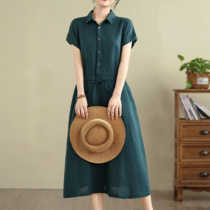 Buddha Stones Summer Plain Short Sleeve Drawstring Cotton Linen Midi Dress With Pockets - DarkGreen - US8-10，UK/AU12-14，EU40-42 (2XL) - image 6