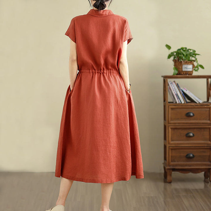 Buddha Stones Summer Plain Short Sleeve Drawstring Cotton Linen Midi Dress With Pockets - image 19