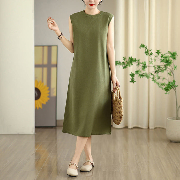 Buddha Stones Casual Plain Color Button Back Design Sleeveless Cotton Linen Midi Dress With Pockets - OliveDrab - US8-10，UK/AU12-14，EU40-42 (2XL) - image 0