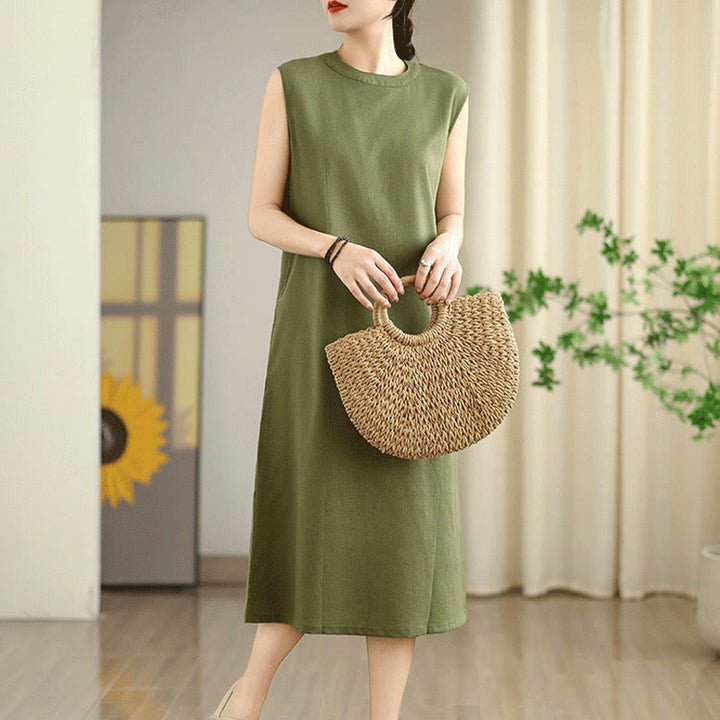 Buddha Stones Casual Plain Color Button Back Design Sleeveless Cotton Linen Midi Dress With Pockets - image 5
