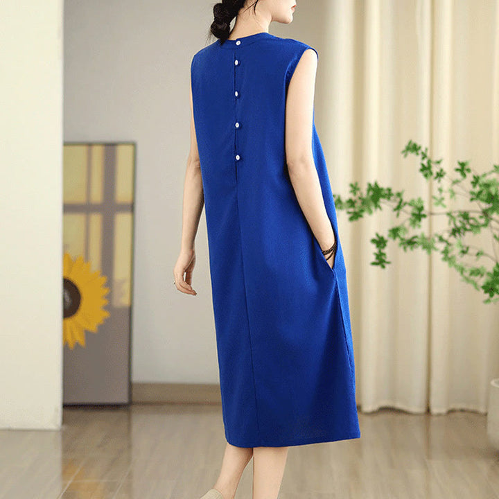 Buddha Stones Casual Plain Color Button Back Design Sleeveless Cotton Linen Midi Dress With Pockets - image 15