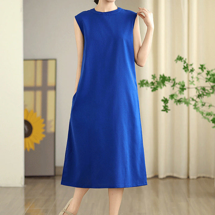 Buddha Stones Casual Plain Color Button Back Design Sleeveless Cotton Linen Midi Dress With Pockets - image 14