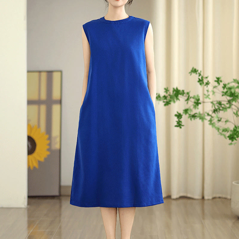 Buddha Stones Casual Plain Color Button Back Design Sleeveless Cotton Linen Midi Dress With Pockets - image 16