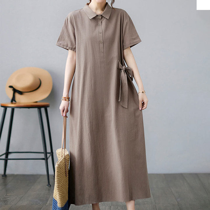 Buddha Stones Casual Plain Side Lace-Up Lapel Short Sleeve Cotton Linen Midi Dress With Pockets - image 3