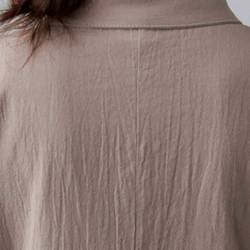 Buddha Stones Casual Plain Side Lace-Up Lapel Short Sleeve Cotton Linen Midi Dress With Pockets - image 7