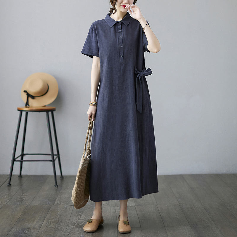Buddha Stones Casual Plain Side Lace-Up Lapel Short Sleeve Cotton Linen Midi Dress With Pockets - image 19