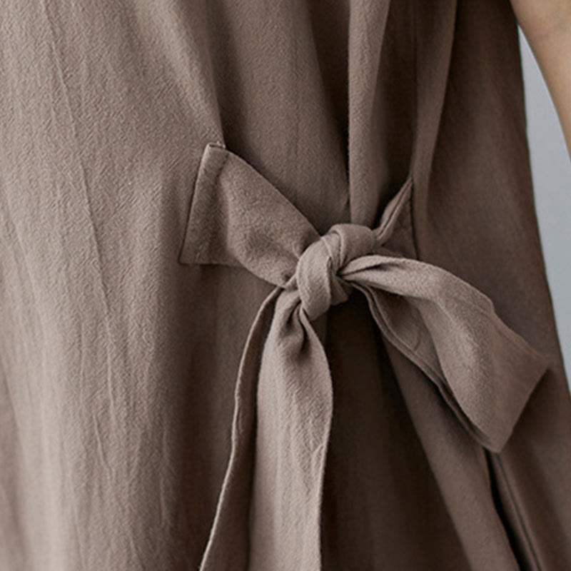 Buddha Stones Casual Plain Side Lace-Up Lapel Short Sleeve Cotton Linen Midi Dress With Pockets - image 9