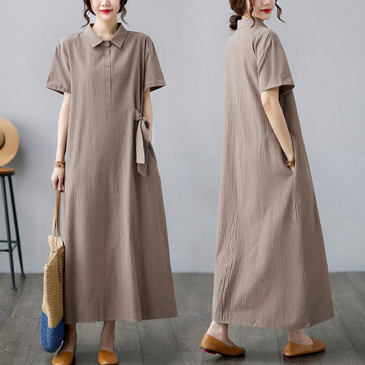 Buddha Stones Casual Plain Side Lace-Up Lapel Short Sleeve Cotton Linen Midi Dress With Pockets - image 5