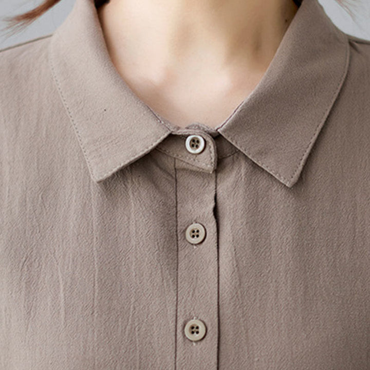 Buddha Stones Casual Plain Side Lace-Up Lapel Short Sleeve Cotton Linen Midi Dress With Pockets - image 6